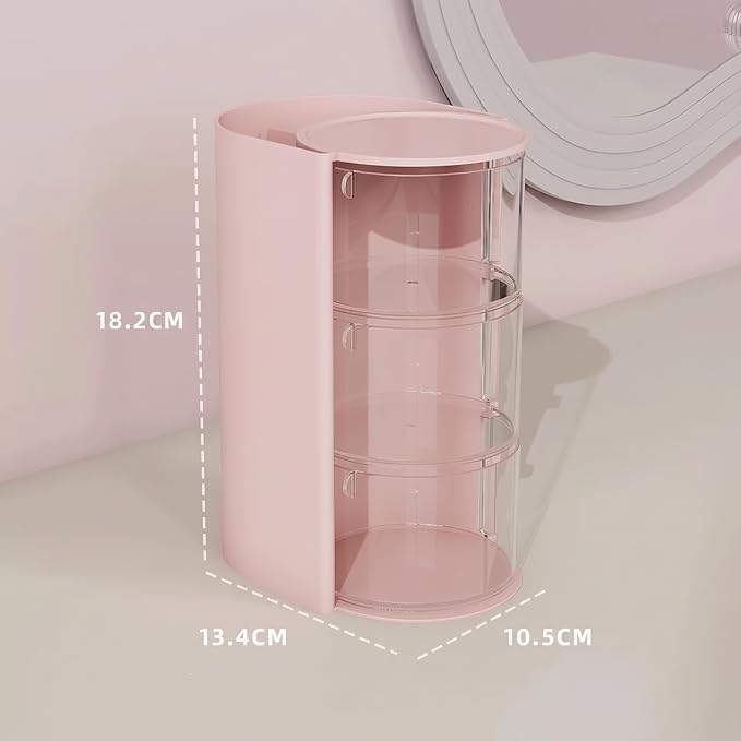 Makeup Organizer, 3-Tier Pink Cosmetic Organizer Dustproof Rotating Makeup Brush Holder, 18.2cm Height Desktop Storage Box For Vanity Countertop Eyebrow Pencils Powder Puffs And Office Pen Storage