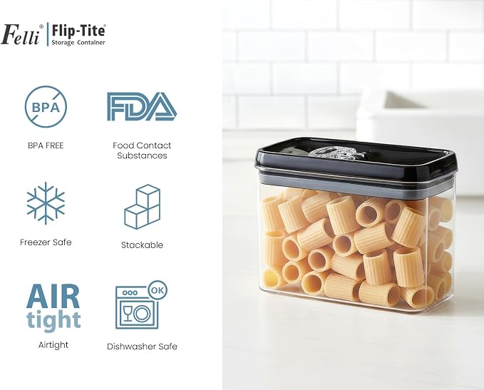 Felli Flip Tite Storage Container with Lid 4” RECTANGULAR Airtight Ring Flip Top, Stackable Kitchen Counter Pantry Organizer Acrylic Canister Jar for Pasta Spaghetti Cereal Granola Coffee (1.9qt)
