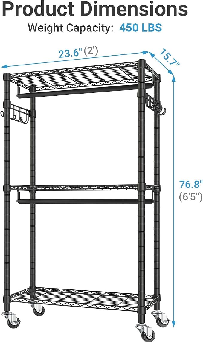 VIPEK R2 Mini Rolling Clothes Rack Heavy Duty Clothing Rack for Hanging Clothes Adjustable Portable Closet Metal Clothes Racks with Wheels Double Rods Side Hooks, Freestanding Garment Rack, Black