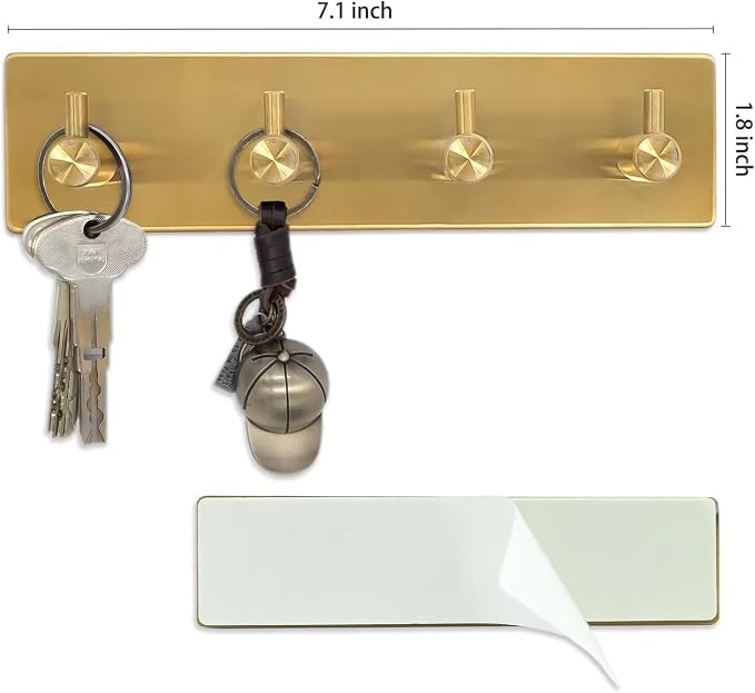 Self Adhesive Key Hook Rack with 4 Hooks for Keys Entryway - Gold