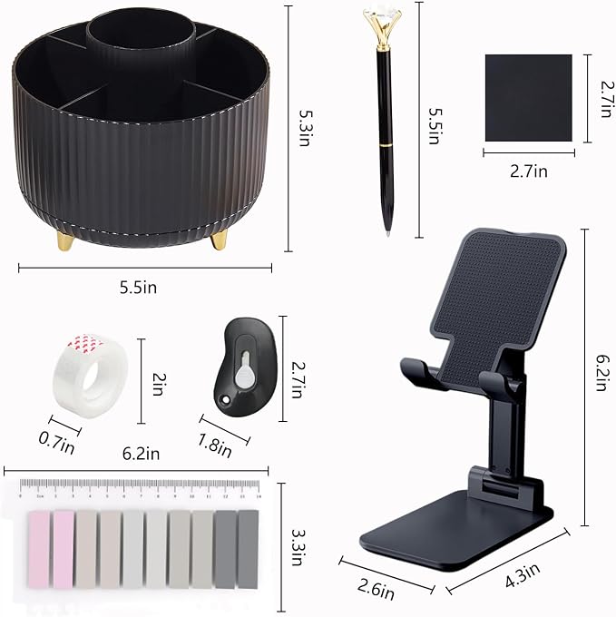 Office Supplies,Black Desk Accessories,Desk Organizer,Phone Stand,Scissors,Stapler,Tape Dispenser,Binder Clips,Staples,Staple Remover,Sticky Notes,Index Tabs,Clear Tape,Mini Box Cutter,Cool Pen.16pcs