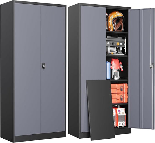 Metal Garage Storage Cabinets with Lock, 71" Tall Tool Cabinet with 2 Door and 4 Adjustable Shelves, Locking Garage Cabinets and Lockable Steel Locker for Home Office Warehouse-(Black Gray-71”H)