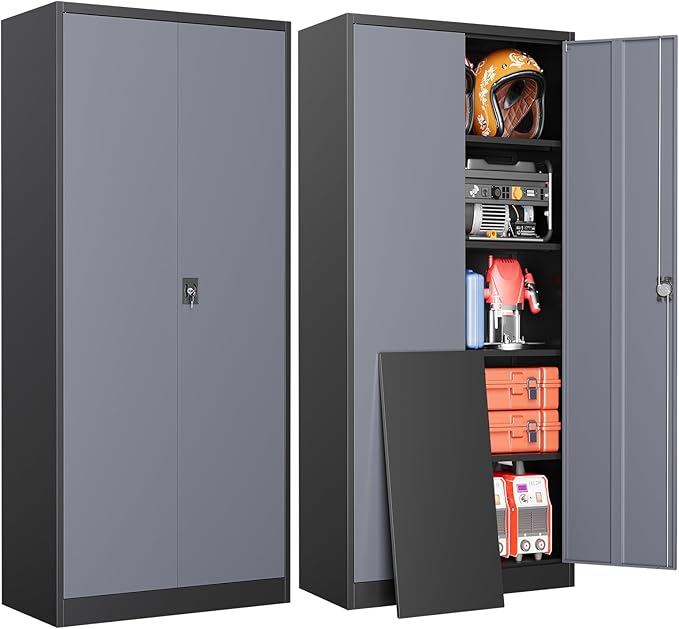 Metal Garage Storage Cabinets with Lock, 72" Tall Tool Cabinet with 2 Door and 4 Adjustable Shelves, Locking Garage Cabinets and Lockable Steel Locker for Home Office Warehouse-(Black Gray-72”H)