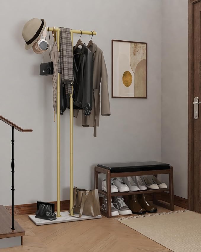 OUTBROS Large Metal Coat Rack Freestanding with Rock Base, Gold | Standing Garment Storage for Indoor - 23.6" Wide Heavy Duty Clothe Rack Metal Clothing Hanger Rack