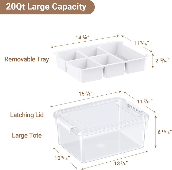 20Qt Stackable Storage Bin with Lid Tray Craft Box Organizer, 1Pack,WH | Clear Plastic Latching Boxes Organizers with Dividers Portable Containers for Arts & Crafts, Home Office Classroom Car Trunk