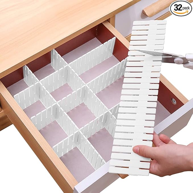 Drawer Divider Adjustable Diy Storage Organizer Separator for Tidying Clutter Cutlery Makeup Clothes of Dresses, Desk & Box in Kitchen Bathroom Bedroom Office (Cut at Will) (White 32PCS)