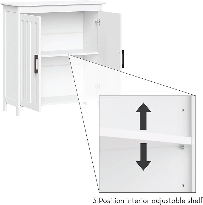 RiverRidge Monroe Two-Door Bathroom Floor Storage Cabinet - White | Linen Cabinet with Adjustable Interior Shelf and Soft Close Hinges, Matte Black Handles