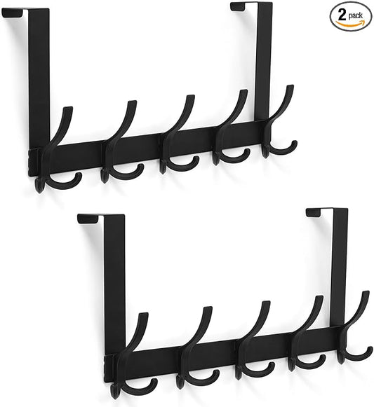 Optish Door Hanger Hook, Over The Door Hooks for Hanging, Over The Door Towel Racks for Bathroom, Over The Door Hanger - 5 Triple Hooks for Towel, Clothes and Hat (Black, 2 Pack), TRI-1P