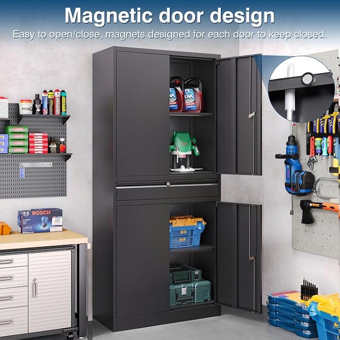 Black Metal Storage Cabinet with Lock, 71" Tall Garage Storage Cabinets with Doors and Shelves, Lockable Tool Caninet Steel Locking Cabnets File Cabinet for Home Office, Garage, Pantry