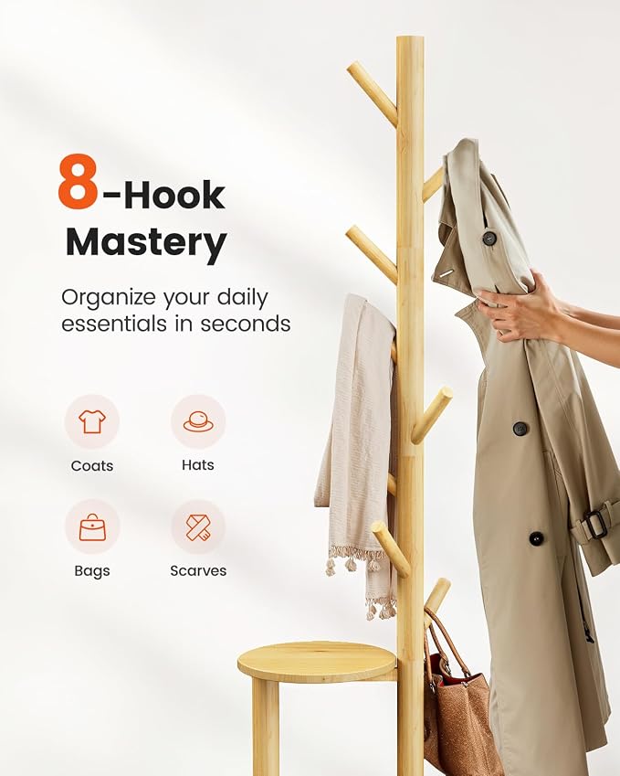 Pipishell Coat Rack, Freestanding Hall Tree with 8 Hooks & Storage Shelf, Solid Wood Base, 66.3″ Tall Coat Rack Stand for Coats, Hats, Bag in Entryway, Bedroom, Living Room, Wood, PIFCR11N