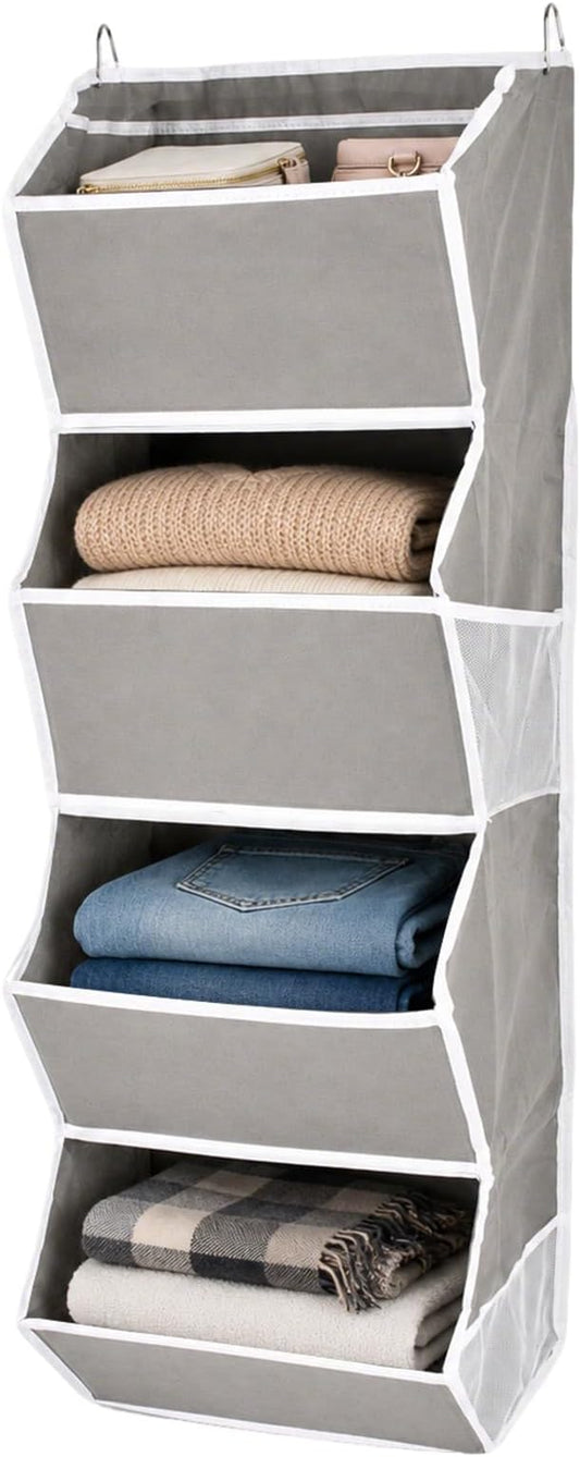 4-Shelf Hanging Closet Organizer and Storage, Fabric Storage Bins Bedroom Organization with Mesh Pockets, Collapsible Hanging Shelves Wardrobe Organization for Home, Dorm, Rv (Grey)