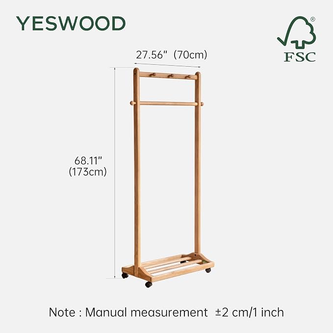 Solid Wood Clothes Rack, Rolling Garment Rack with Wheels & Shelves Storage & 5 Hooks Heavy Duty Clothing Rack,Clothing Racks for Hanging Clothes, Bedroom, Living Room, Entryway