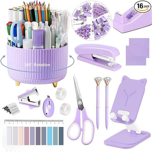 Office Supplies,Purple Desk Accessories,Desk Organizer,Phone Stand,Scissors,Stapler,Tape Dispenser,Binder clips,Staples,staple remover,Sticky Notes,Index Tabs,Clear Tape,Mini Box Cutter,Cool Pen.16pcs