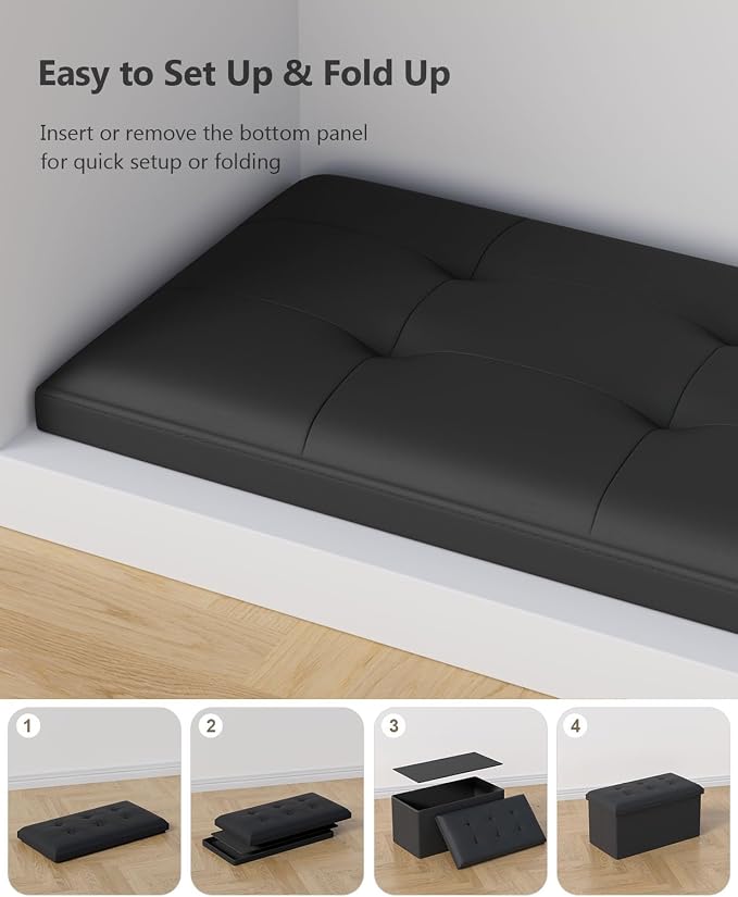 Folding Storage Ottoman Bench, Black, 30 Inches | Multi-Functional Ottoman Foot Rest, End of Bed Bench, Storage Chest, Living Room, Bedroom, Hallway, Entryway, 600 lb Capacity