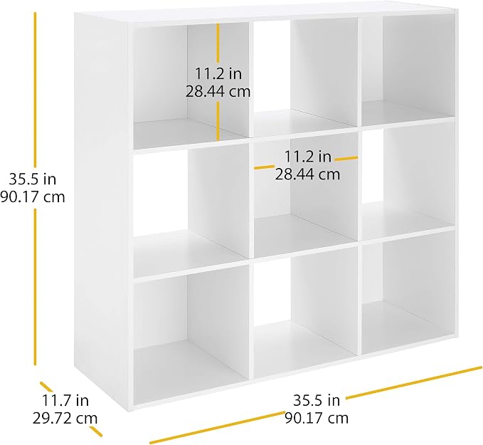 Whitmor 9 Cube Bookcase, 3 Tier Stackable MDF Bookself, Open Storage Display Organizer, Storage Cabinet for Living Room, Bedroom, Home, Office, 35.5" L x 11.7" W x 35.5" H, White