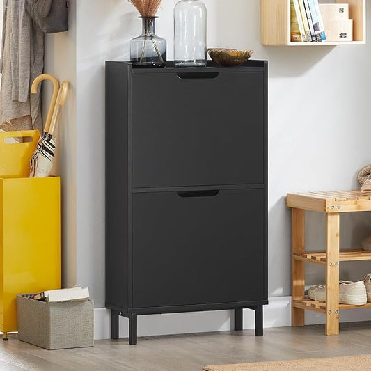 Haotian Slim Shoe Cabinet Entryway | Hidden Shoe Storage with Two Flip Drawers to Save Space, Freestanding Shoe Rack for Front Door, Entryway, Hallway (Black)