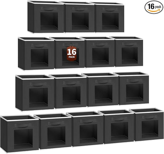 Foldable Storage Cubes - Square Organizer with Window, Decorative Baskets for Organizing, Fabric shelf Basket for Clothes, 11 Inch Closet Storage Cubes, Set of 16, Black