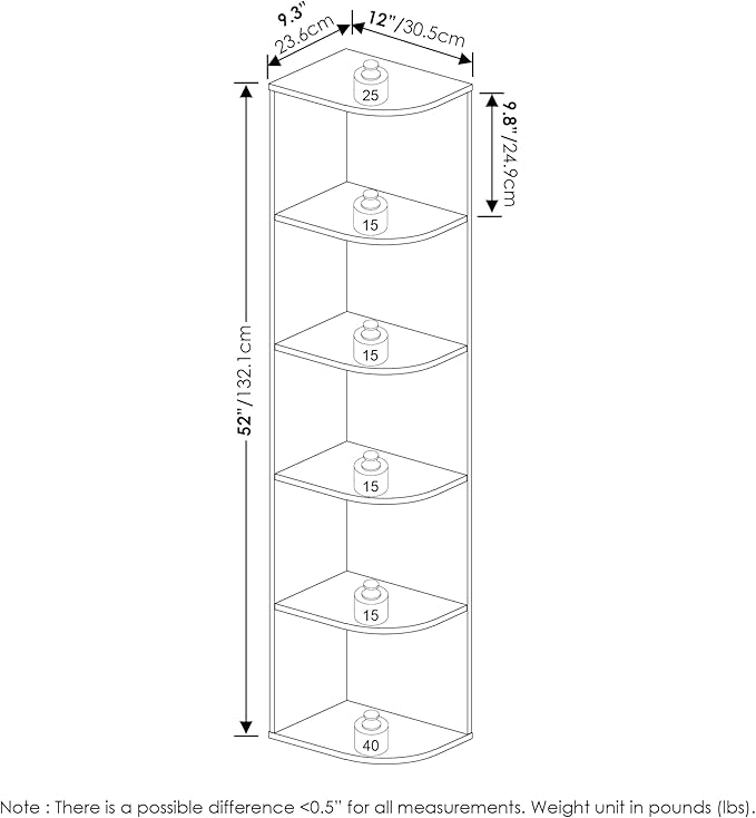 Furinno PASIR Book Shelf, 5-Tier Corner Bookshelf with Open Shelf, Standing Bookcase, 9.3 x 12 x 51.7, for Organization and Storage, for Living Room, Bedroom, Home Office, White