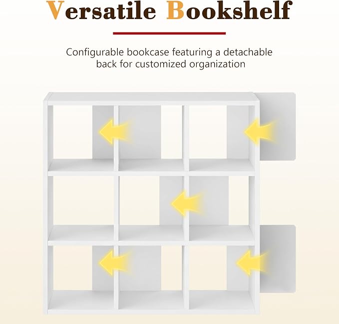 9 Cube Storage Organizer, White Cube Bookshelf, Multifunctional Bookcase | Cube Storage Organizer with Open Back and Removable Back Panels, Stackable Vertical or Horizontal Easy Assembly for Bedroom