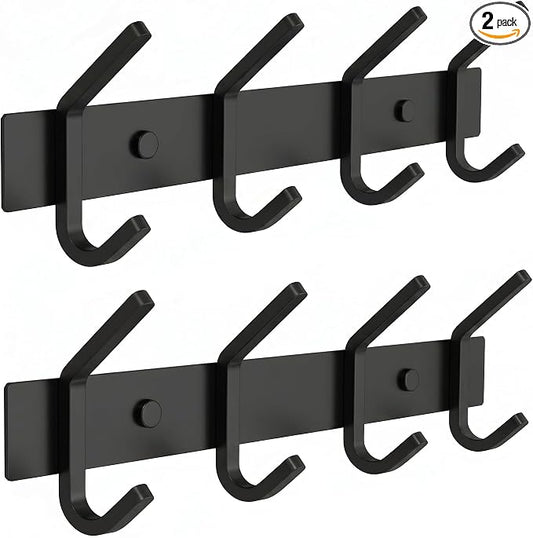 Coat Rack Wall Mount – 12 Inch Stainless Steel Hook Rail with 4 Double Coat Hooks for Hanging – Wall Mounted Entryway Organizer for Coats, Hats, Bags, Towels, Robes, or Bathroom - Black 2 Pack