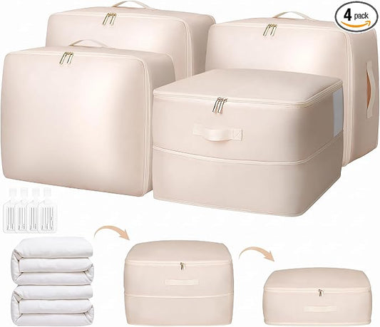4 Pack Comforter Storage Bag, 68L Blanket Storage Bags Self Compression Comforter Organizer and Storages, Space Saving Washable Compression Bags for Blanket Bedding Pillow Duvet Quilt, Beige