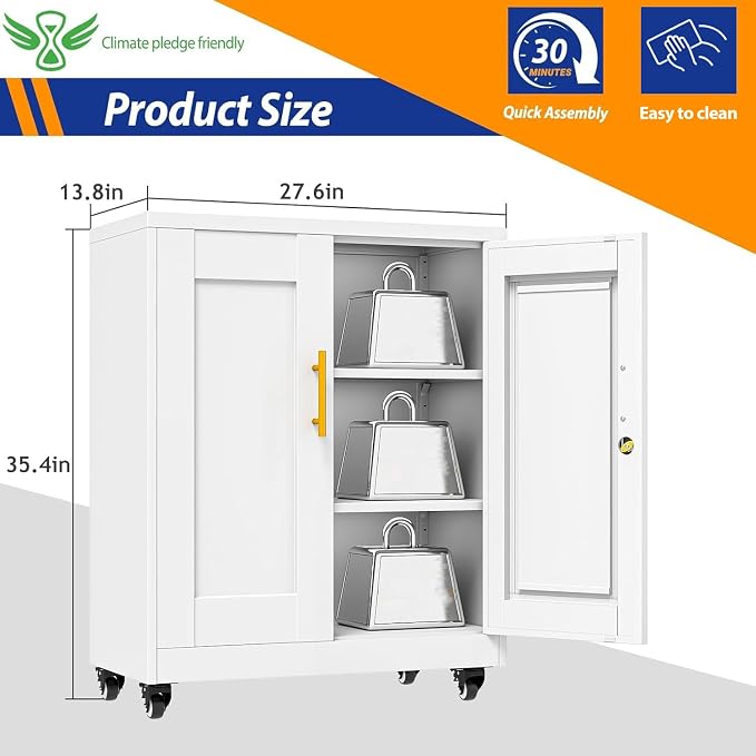 GAIOUS 35'' Tall Metal Storage Cabinet with Lock and Wheels, Steel Office Cabinet with 2 Door and 2 Adjustable Shelves, Lockable File Cabinet, Garage Cabinet, Rolling Cabinet for Home Office - White