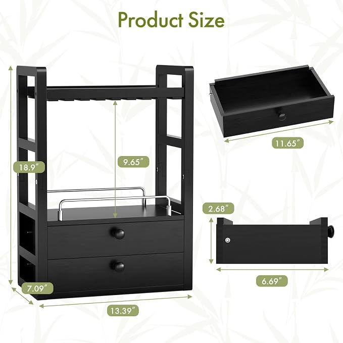 AmazerBath Bamboo Bathroom Counter Organizer, 2-Tier Makeup Organizer with 2 Drawers, Vanity Organizer Storage Coffee Matcha Station, Compact Shelf for Bathroom Kitchen Office Countertop, Black