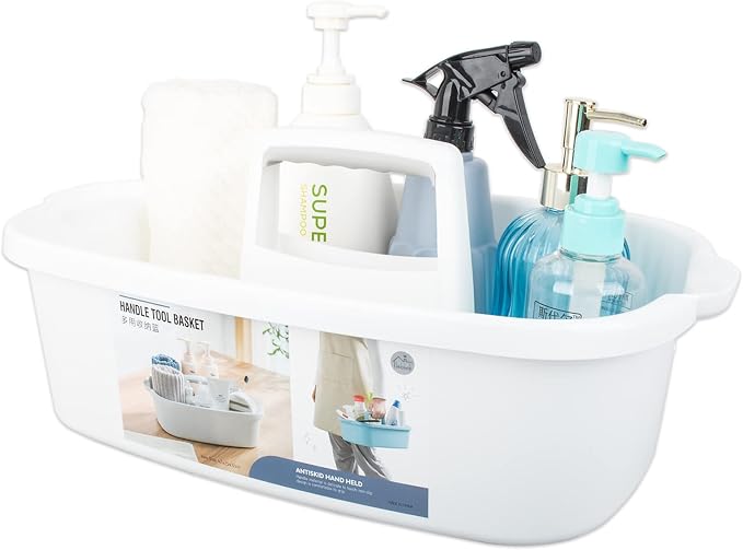 Large Cleaning Supplies Caddy Portable Shower Caddy Basket White | Sturdy Supply Organizer with Handle Plastic Bucket Tool Storage for Bathroom Bedroom Kitchen Garden College Dorm Essentials