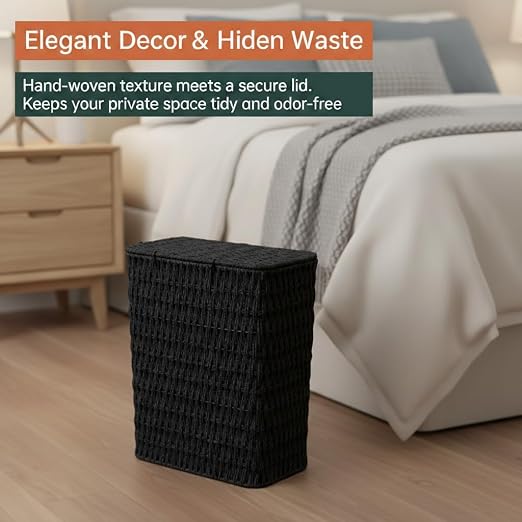 Coeusy 3 Gallon Paper Rope Bathroom Trash Can,Small Wicker Trash Cans with Lid and Liner,Woven Rattan Narrow Waste Basket for Bedroom,Office,Black