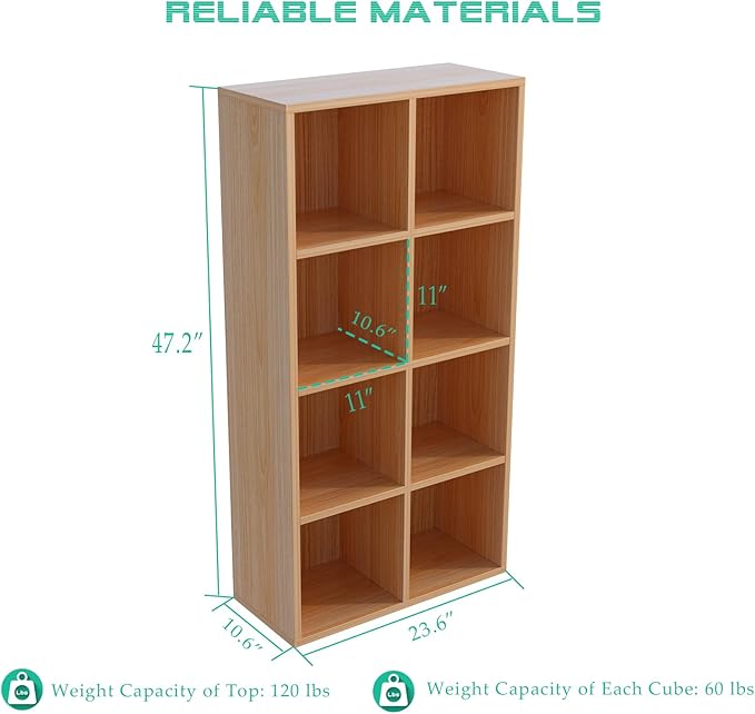 OSCHF 8-Cube Storage Shelf Bookcase, Oak | Wooden 4-Tier Open Bookshelf, Fits 11×11" Bins, Vertical or Horizontal Use, Full Back Panels, For Home Office