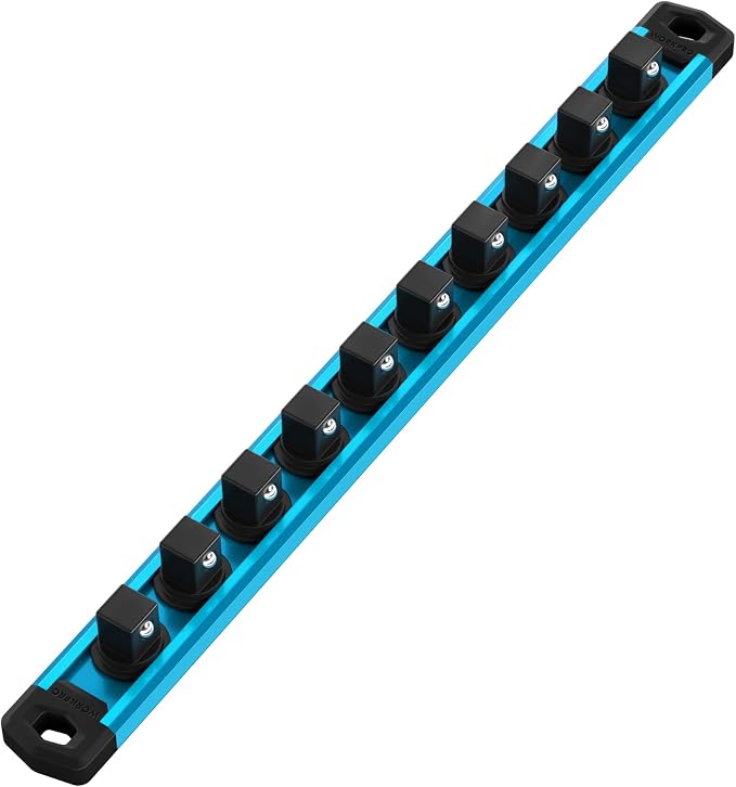 WORKPRO Magnetic Socket Organizer, Heavy Duty 1/2-Inch Drive Socket Rail | 1 Piece Socket Holder with 10 Spots, Aluminum Alloy, Rotatable & Movable Clips, Efficient Organization
