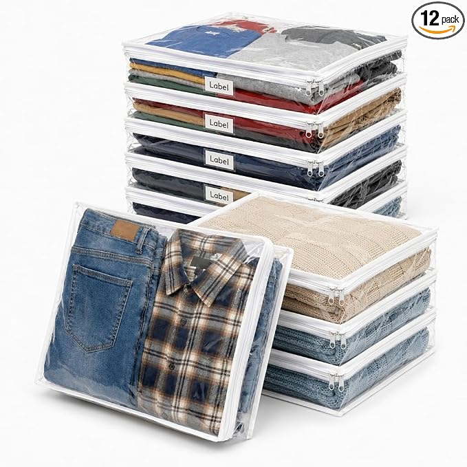 12Pcs Clear Storage Bags with Zipper, Blanket Storage Bags Plastic PVC Clothing Storage Bag, Bed Sheet Organizer Pillow (clear, 15.6 x 13.6 x 3.9 Inch)