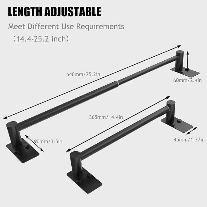 Towel Bar, 14inch to 25inch Adjustable Towel Holder Rod, Self Adhesive Wall Mounted Hand or Body Towel Rack for Bathroom Kitchen, 304 Stainless Steel Organizer Single Bar Matte Black