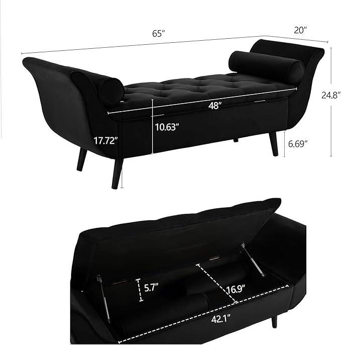 Velvet Storage Bench 65" Tufted End of Bed Ottoman with 2 Pillows (Black)