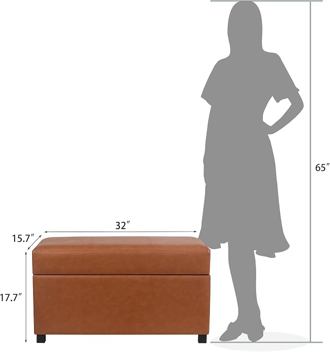 32" Leather Storage Ottoman Bench, Rectangle Foot Rest Stool for Living Room, Bedroom, Entryway, Cognac Brown