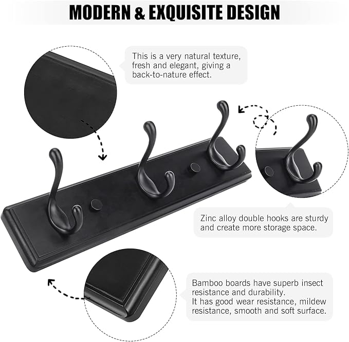 Badiano Wooden Coat Rack, Wall-Mounted Organizer for Closet, Entryway, Hallway, Foyer, Bedroom, Heavy Duty Double Hooks for Hanging Towels, Bags, Hats, Jackets, Key (Black, 3 Hooks)