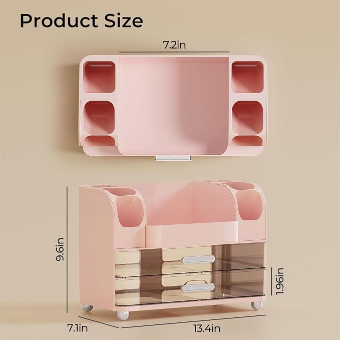 UFORU Makeup Organizer Countertop with 2 Large Drawers for Vanity Bathroom | Brush Holder, Large Capacity, Thickened Plastic, Compact Footprint, Space-Saving Design, Easy Clean, Ideal for Dorm Rooms
