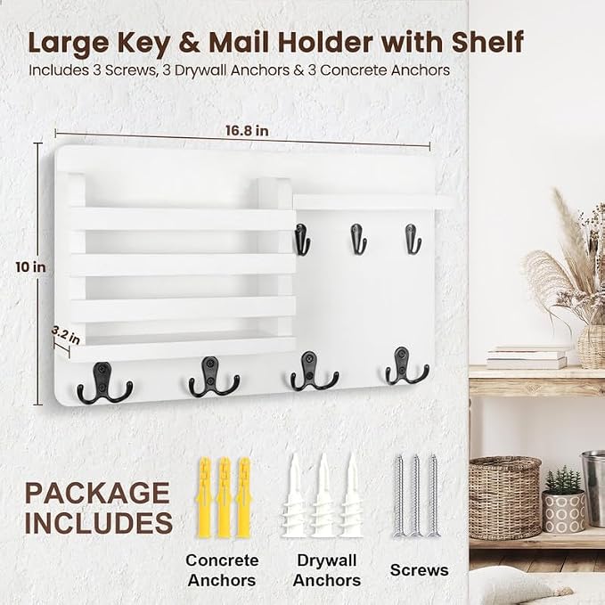 Nekon Mail Holder for Wall Mail Organizer with Key Hooks Hallway Farmhouse Decor Storage Racks with Floating Shelf and Flush Mount Hardware (16.8Inch x 10Inch x 3.2Inch)
