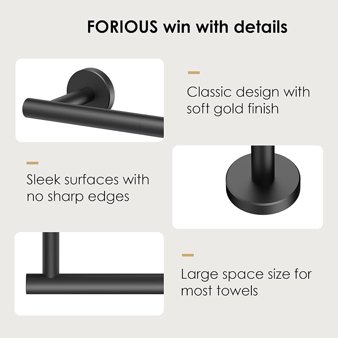FORIOUS Towel Bar 24" Towel Racks for Bathroom Wall Mounted Matte Black | Total Length 26 Inch, Rustproof, Stainless Steel Towel Holder, Wall Mounted for Bathroom Bedroom, Heavy Duty, Space Saving