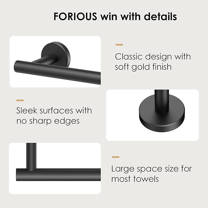 FORIOUS Towel Bar 30" Towel Racks for Bathroom Wall Mounted Matte Black | Total Length 32 Inch, Rustproof, Stainless Steel Towel Holder, Wall Mounted for Bathroom Bedroom, Heavy Duty, Space Saving