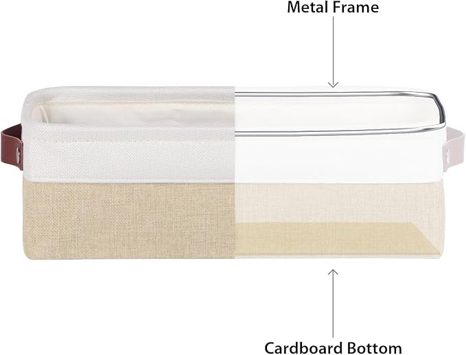 Univivi Small Fabric Storage Bins,15x6x5 inch,4 Pack,Khaki | Metal Frame,Hard Cardboard Bottom,Foldable,with PU Handles,Long Narrow Storage Baskets,Organizing Small Items