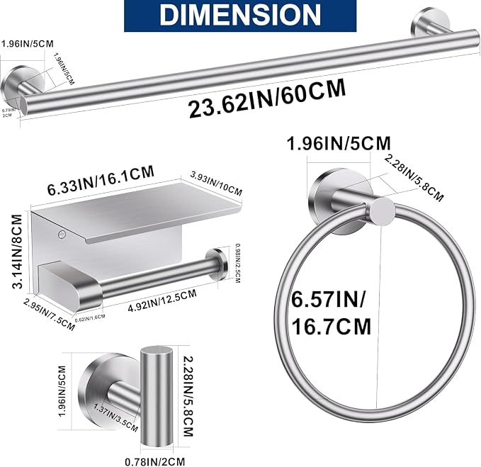 5 Pieces Brushed Nickel Bathroom Hardware Accessories Set, SUS304 Stainless Steel 24 Inch Bath Towel Bar Set, Round Bathroom Towel Holder Set, Towel Racks for Bathroom Wall Mounted