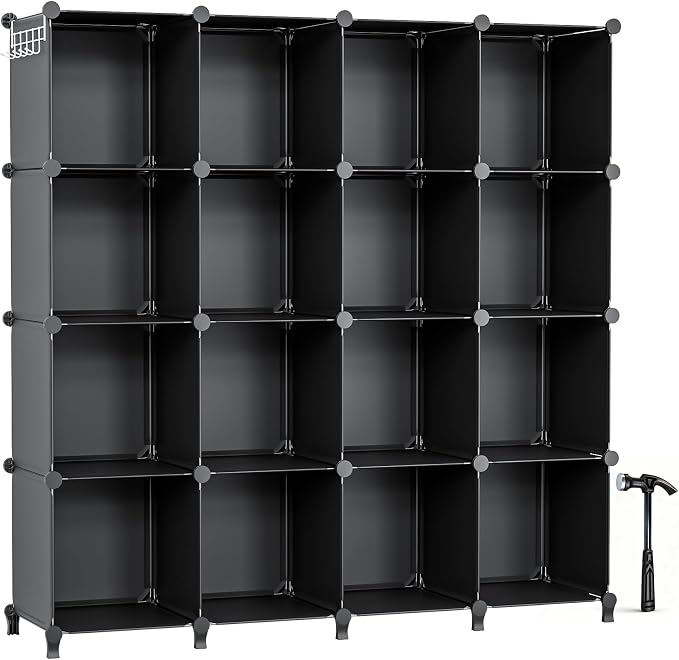 Neprock 16 Cubby Storage Organizer, Closet Clothes Storage Organizer, Cube Shelves Closet Organizers and Storage Shelves for Clothing Storage with Hammer, Bookshelf for Kids（Black）