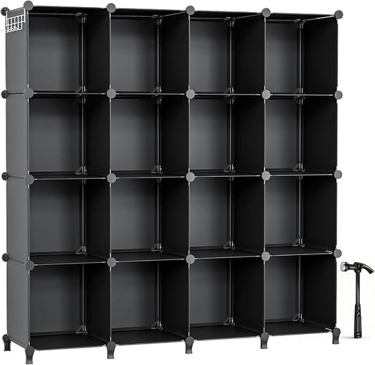 Neprock 16 Cubby Storage Organizer, Closet Clothes Storage Organizer, Cube Shelves Closet Organizers and Storage Shelves for Clothing Storage with Hammer, Bookshelf for Kids（Black）