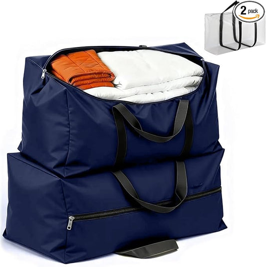 Extra Large Moving Bags, 2 Pack Blue Oversized Storage Totes with Strong Zipper & Reinforced Full Loop Handles, Collapsible Storage Bags for Space Saving, for King/Queen Comforter, Blankets & Clothes