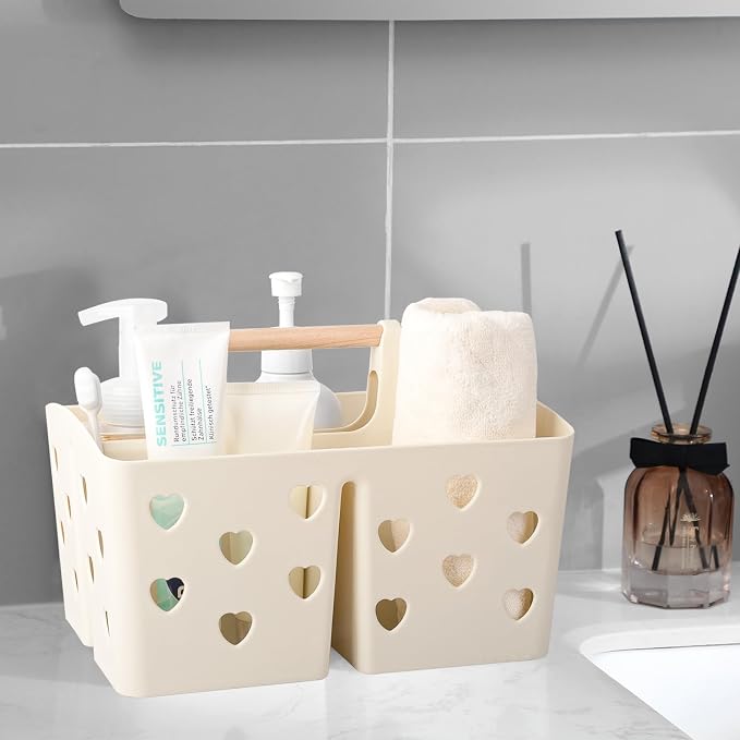 Portable Shower Caddy Plastic Shower Basket Organizer with Handle, Beige | Divided Bathroom Caddy Storage Cleanning Caddy Tote for College, Dorm Room, Kitchen