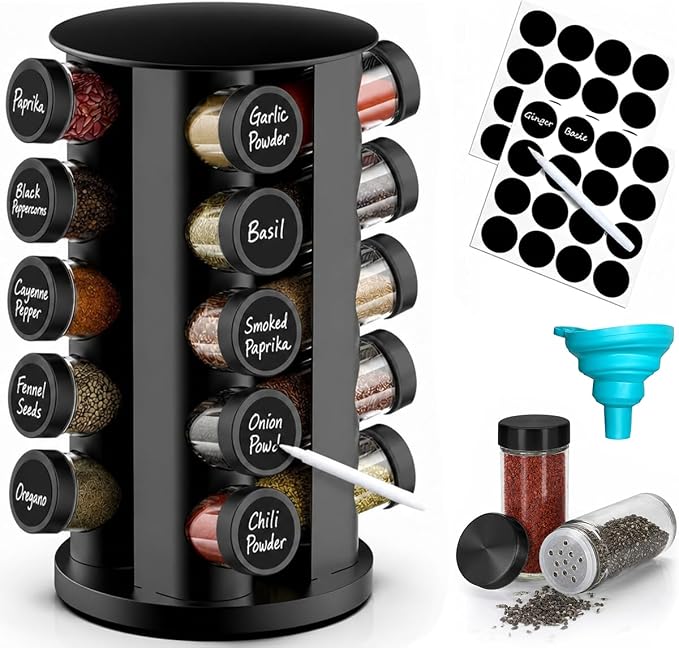 Handisen Rotating Spice Rack Organizer for Cabinet, Spice Racks Storage with 20 Jars, Spinning Spice rack for Kitchen Countertop, Spice Holder,Seasoing Storage Racks, Black