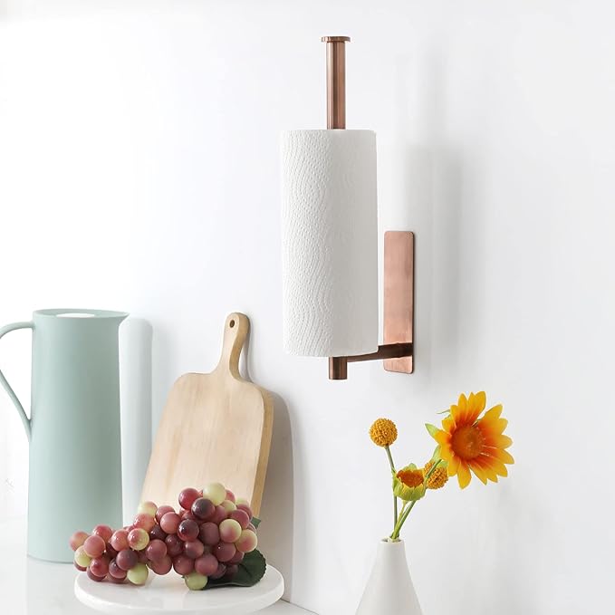 theaoo Under Cabinet Paper Towel Holder for Kitchen,Self-Adhesive,Rose Gold | Wall Mounted Paper Towel Roll Rack for Bathroom or Kitchen, SUS304 Stainless Steel, Install with Adhesive or Screws