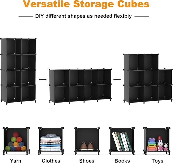 AWTATOS 8 Cube Storage Organizer, Closet Organizer Storage Shelf, Black | DIY Stackable Storage Cubes Shelves for Closet, Bookcase Bookshelf, Plastic Shelving for Bedroom, Home Office