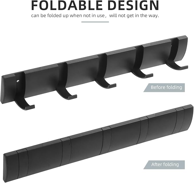 Foldable Stylish Modern Hook Rack with 5 Hooks, Coat Hooks Wall Mount, Metal Coat Hook Rail for Coat Hat Towel Purse Robes Mudroom Bathroom Entryway (Black)